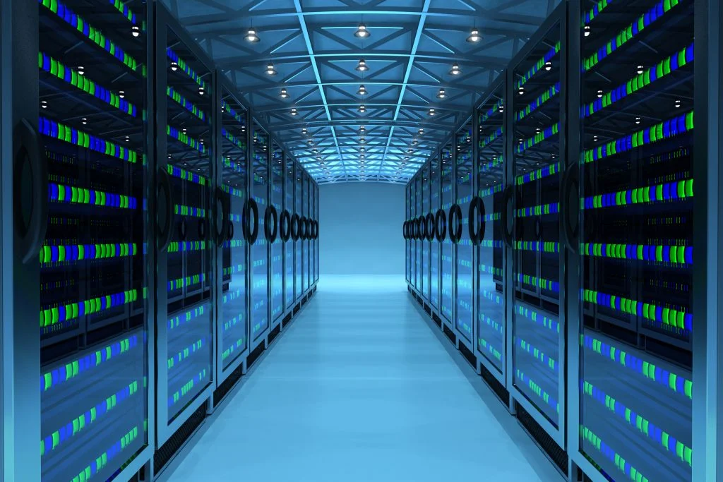 Network and internet telecommunication equipment in server room, data center interior